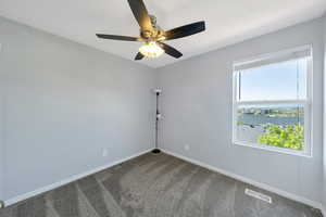 Bedroom with ceiling fan and views