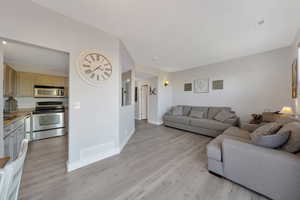 Living area featuring light wood laminate flooring