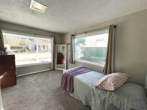 Carpeted bedroom with a textured ceiling and baseboards