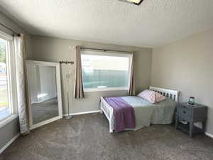 Bedroom with multiple windows, a textured ceiling, carpet flooring, and baseboards