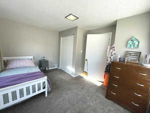 Carpeted bedroom featuring a closet, a textured ceiling, and baseboards