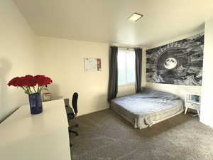 Bedroom with carpet flooring and a desk