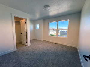 Unfurnished bedroom featuring carpet floors, a textured ceiling, and a walk in closet