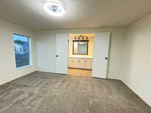 Unfurnished room featuring light carpet and a textured ceiling