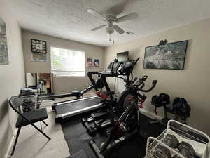 Workout area with ceiling fan, a textured ceiling, baseboards, and carpet floors