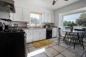 Kitchen featuring stainless steel gas stove, dishwasher, ventilation hood, ceiling fan, and healthy amount of natural light