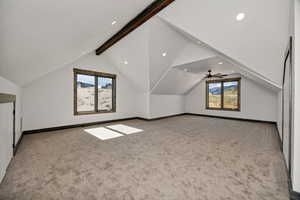 Bonus room featuring light carpet and recessed lighting