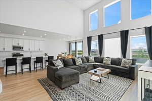 Living room with light wood finished floors, a towering ceiling, and recessed lighting