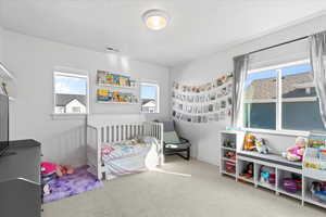 Carpeted bedroom featuring light carpet and great natural lighting