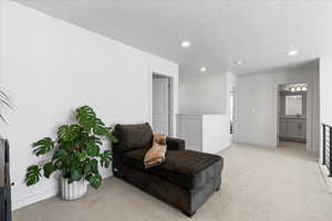 Sitting room with light colored carpet, recessed lighting, a textured ceiling