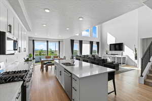 Kitchen featuring a sink, stainless steel appliances, open floor plan, light wood-style flooring, and light countertops