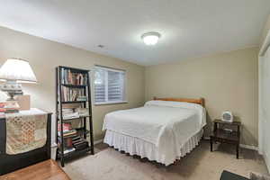 Bedroom featuring carpet, a textured ceiling, and baseboards
