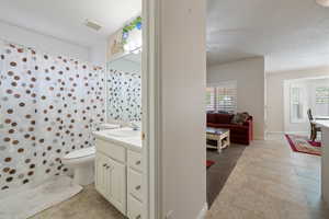 Full bath featuring plenty of natural light, vanity, a shower with curtain, and toilet