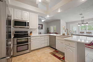 Kitchen with appliances with stainless steel finishes, ceiling fan, a sink, a peninsula, and recessed lighting