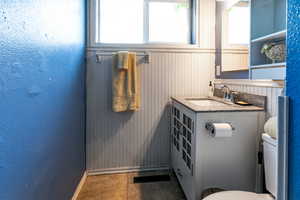 Half bath featuring a sink, baseboards, toilet, and wainscoting