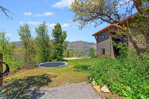 View of green lawn with a trampoline and a water and mountain view
