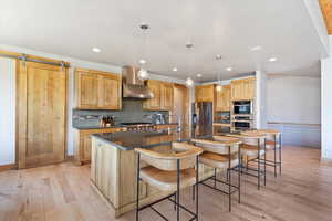 Kitchen with stainless steel appliances, dark countertops, a spacious island, light wood finished floors, and recessed lighting