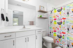 Bathroom featuring toilet, vanity, wood finished floors, and curtained shower