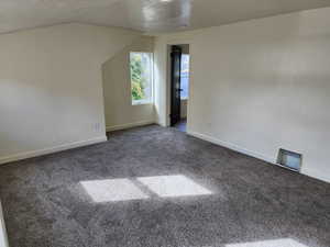 Additional living space featuring a textured ceiling, carpet floors, baseboards, and vaulted ceiling