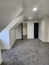 Additional living space with a textured ceiling, carpet floors, baseboards, vaulted ceiling, and recessed lighting