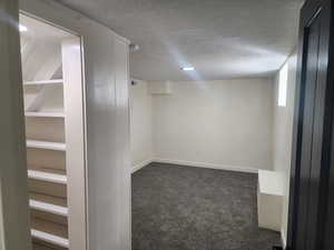 Finished below grade area featuring carpet, a textured ceiling, and baseboards