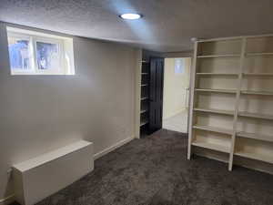 Below grade area with dark carpet, a textured ceiling, and baseboards