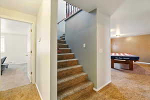 Stairs featuring carpet floors, baseboards, and a baseboard radiator