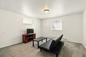 Living room featuring a baseboard heating unit, light carpet, and baseboards