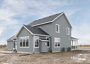 Back of property featuring central AC unit, stucco siding, and a shingled roof