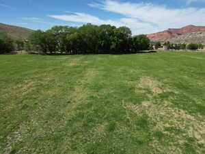 View of grassy yard featuring a mountain view and a rural view