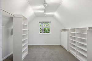 Walk in closet featuring carpet floors and vaulted ceiling