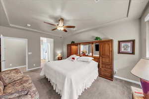 Bedroom featuring a raised ceiling, light carpet, and baseboards