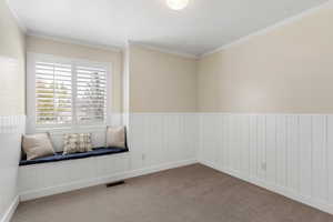 Carpeted empty room featuring wainscoting and crown molding