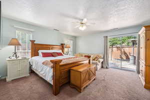 Bedroom with access to exterior, multiple windows, light colored carpet, and a textured ceiling