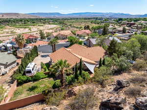 Aerial view of residential area with mountains