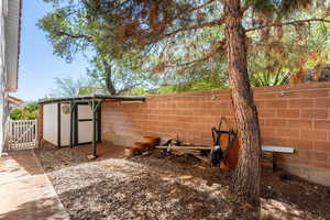 View of yard with fence, a shed, and an outbuilding
