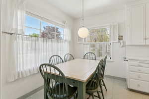 Dining area featuring baseboards, healthy amount of natural light, and dark speckled floor
