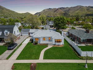 Aerial view at dusk of a mountain view and a residential view