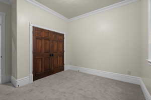 Unfurnished bedroom featuring carpet, ornamental molding, and baseboards