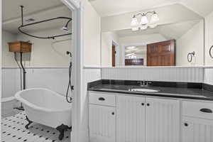 Full bathroom with wainscoting, a freestanding bath, vanity, and a ceiling fan