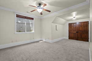 Additional living space with carpet flooring, ceiling fan, and baseboards