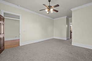 Unfurnished room featuring light carpet, a ceiling fan, crown molding, and baseboards