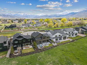 Aerial perspective of suburban area featuring a mountainous background