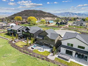 Aerial perspective of suburban area with mountains