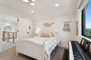 Carpeted bedroom featuring baseboards and recessed lighting