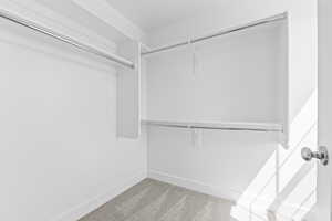 Walk in closet with light colored carpet