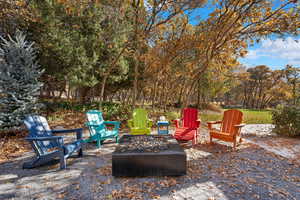 View of patio with a fire pit
