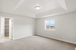 Spare room with a raised ceiling and light carpet