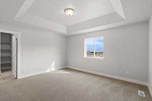 Unfurnished bedroom featuring a raised ceiling, a spacious closet, and light carpet