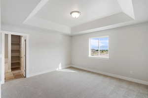 Unfurnished bedroom with a raised ceiling, light colored carpet, and a spacious closet